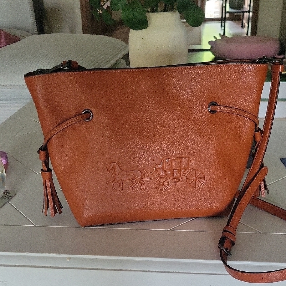 Coach Tan Crossbody Bag with Textured Leather and Adjustable Strap